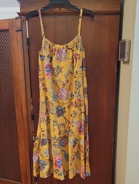 Dylan | Marne Yellow Tiered Midi Length Dress Floral Paisley Print Linen Blend S